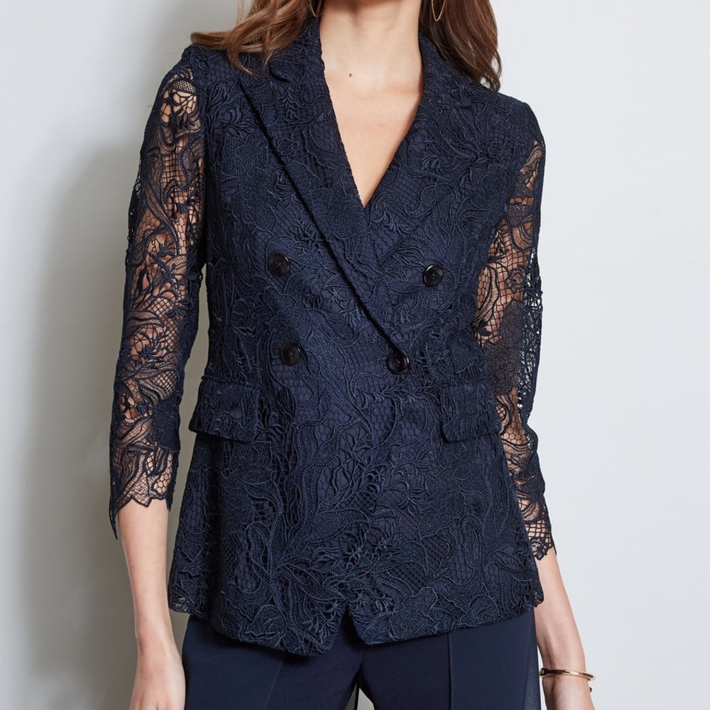 Elie Tahari Double Breasted Lace Blazer Navy Blue